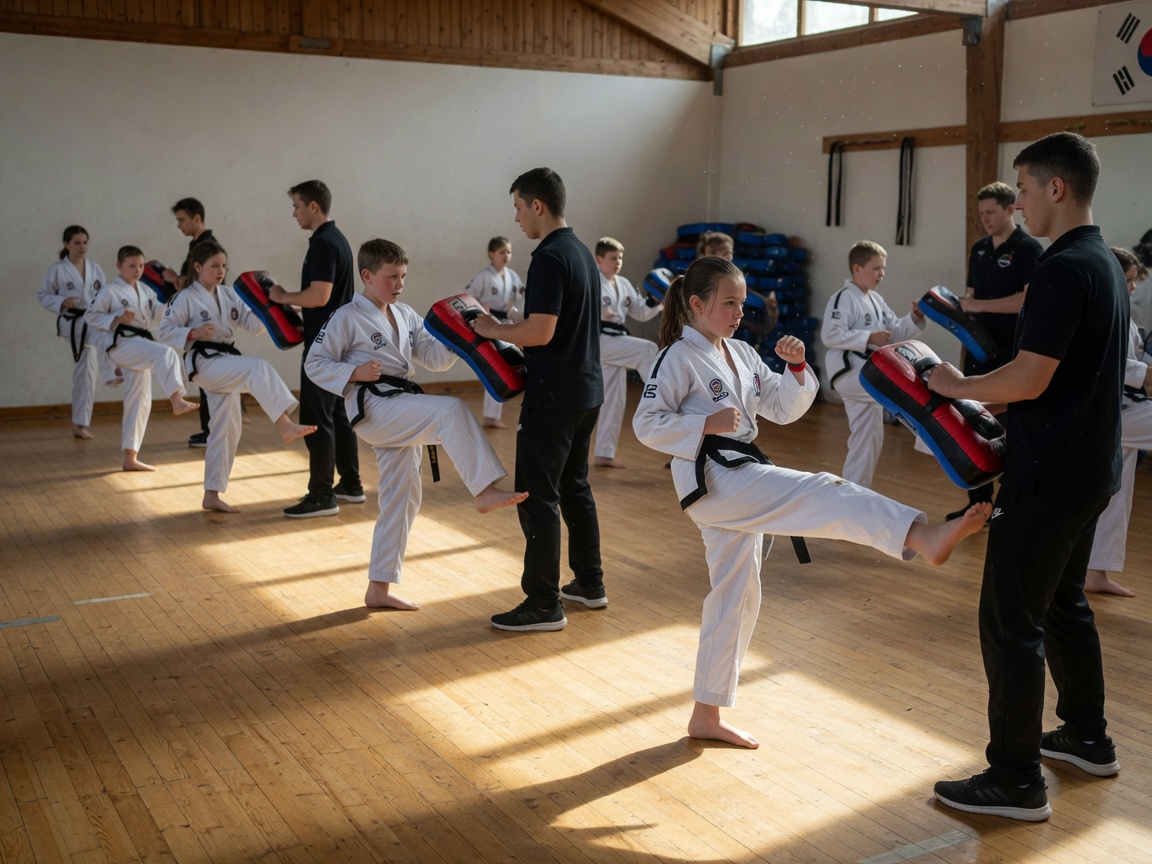 Jóvenes practicando patadas sobre focos