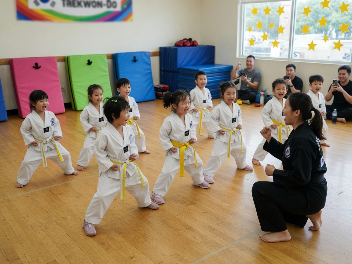 Niños pequeños en dobok practicando postura de caballo